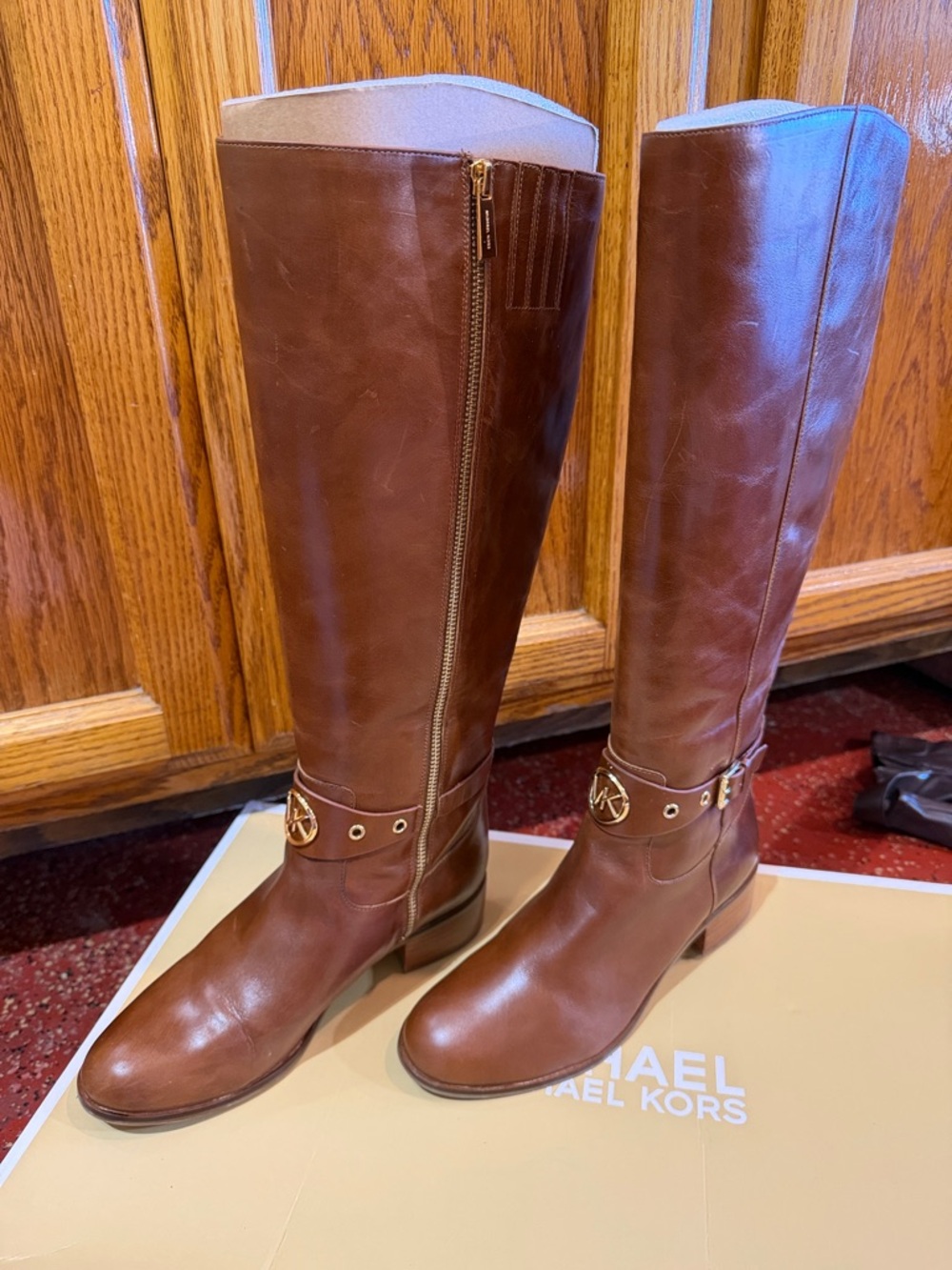 Michael Kors Chestnut Brown Leather Over-the-Knee Boots with MK Charm